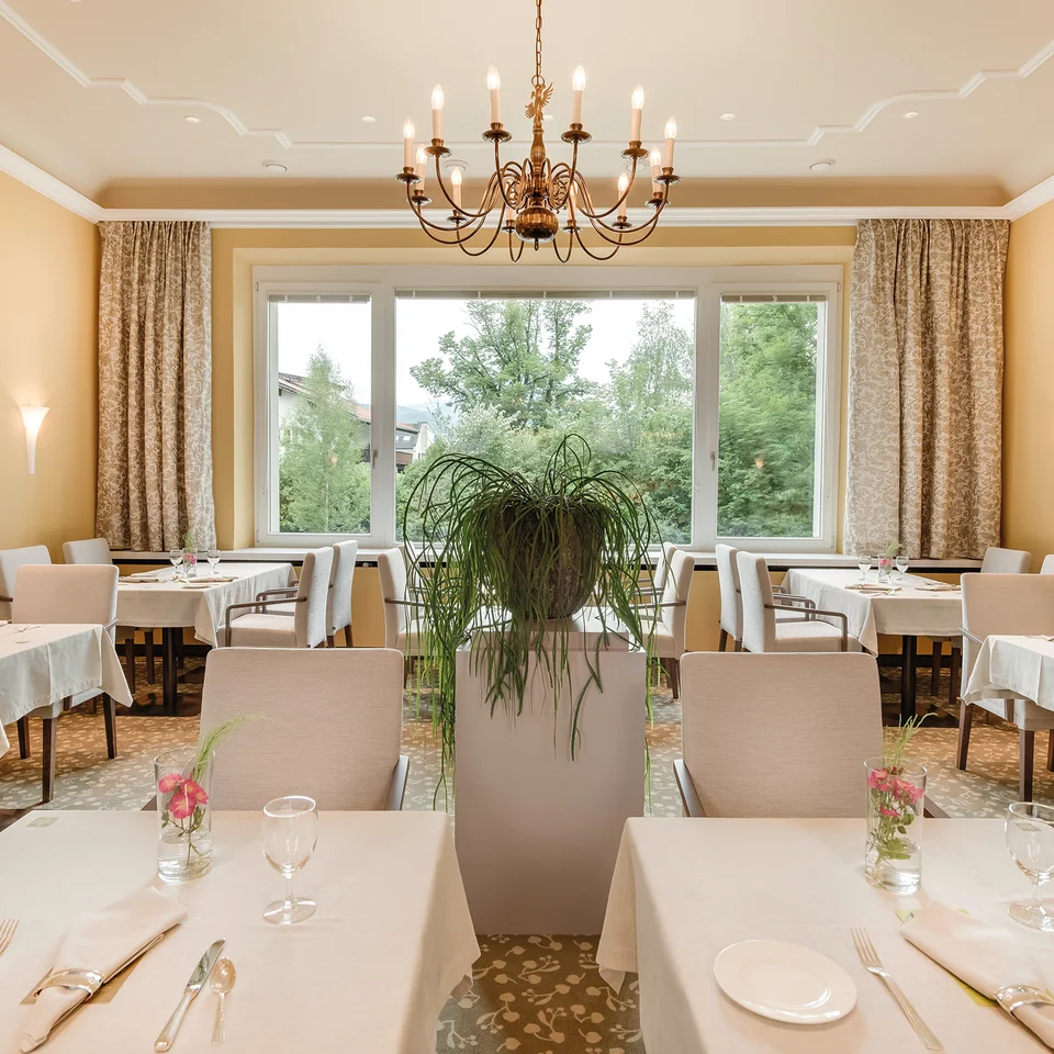 Restaurant-Interieur mit Tischen, Stühlen, Kronleuchter und Fenster mit Blick ins Grüne